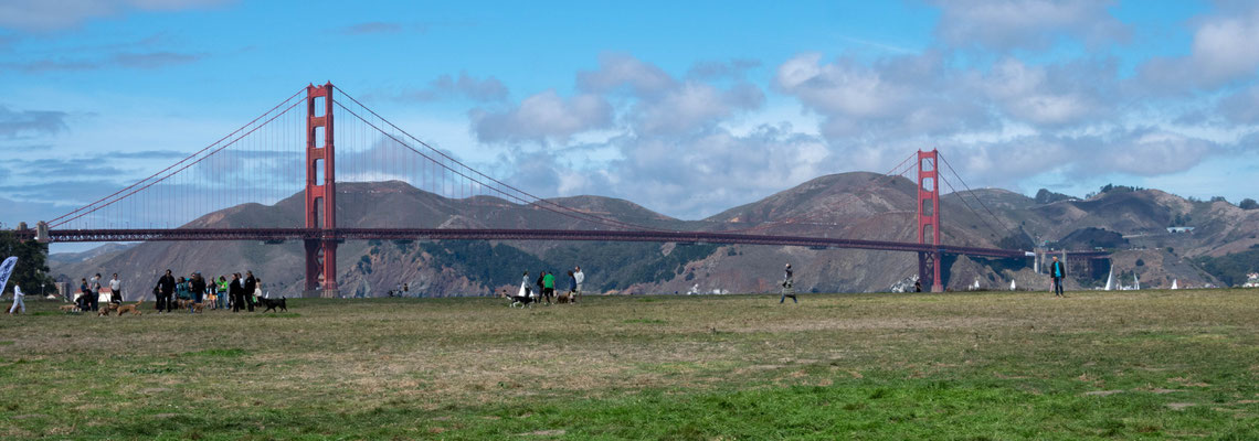 Blick übers Crissy Field zur Golden Gate Bridge.