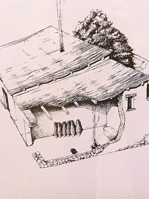 Rekonstruktionsplan zweier aneinander gebauter Häuser (Zeichnung im Museum von Ullastret)