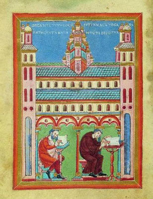 Mönche bei der Arbeit im Scriptorium der Abtei Echternach. Aus: Evangeliar Kaiser Heinrichs III., Perikopenbuch, Echternach, Ms. B. 21, Universitatsbibliothek Bremen