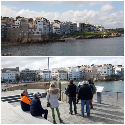 An der Platja de la Riba, dem alten Fischerhafen, (unteres Bild) ganz rechts die Casa Gavià (auch im oberen Bild/links), links unter der Kirche Caravel.la/Alfolí