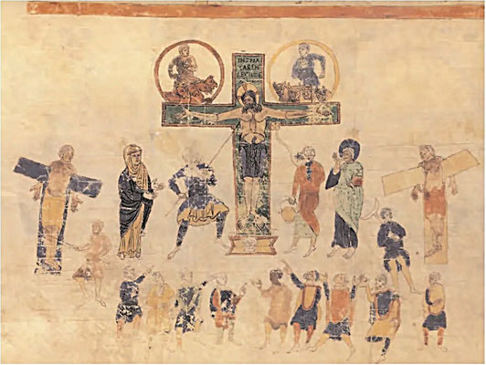 So ähnlich könnte die Komposition des Wandbildes ausgesehen haben. Diese Darstellung zeigt die Kreuzigungsszene in der Biblia von Ripoll. Biblioteca Apostólica Vaticana. Quelle: www. caminosdelromanico.com / Las Biblias ...