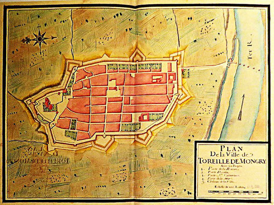 Ein alter Plan Torroellas mit Stadtmauer und Türmen