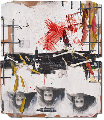 Art.145: Herrenrasse XLV – Mind the Gap I, 10/2016, 143 x 122cm, mixed media (collage, acrylic colours & blood) on   corrugated cardboard
