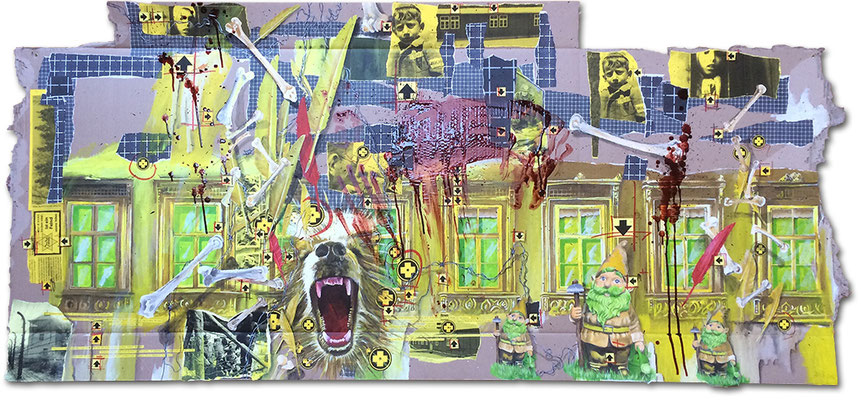 Art.139: Herrenrasse XXXIL, 09/2016, mixed media (collage, acrylic colours &) on corrugated cardboard
