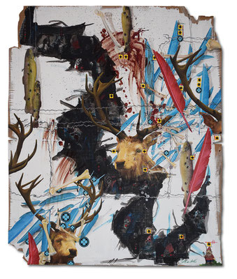 Art.149: Herrenrasse XLIX – Mind the Gap V, 12/2016, 143 x 122cm, mixed media (collage, acrylic colours & blood) on   corrugated cardboard