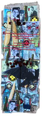 Art.165: Herrenrasse 2.0 – Remember Me.5: Mengele’s Smile 2, Sept. 2019, 75 x 27cm, mixed media (collage, acrylic colours and blood) on corrugated cardboard
