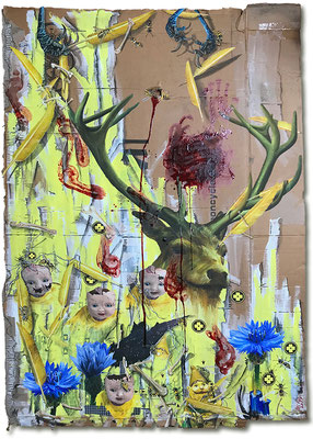 Art.156: Speaking in Tongues I (Totem & Taboo VI) 02/2018, 185 x 124 cm, mixed media (collage, acrylic colours & blood)   on corrugated cardboardArt.