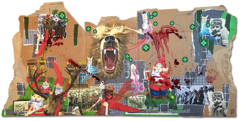 Art.137: Herrenrasse XXXVII, 08/2016, 88 x 172 cm, mixed media (collage, acrylic colours & blood) on corrugated cardboard