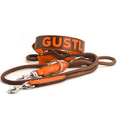 Set aus personalisiertem Halsband und Leine in Taupe mit Orange