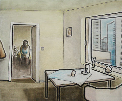 Besuch - 2008, Öl und Pigmentstift auf Leinen, 50 x 60 cm
