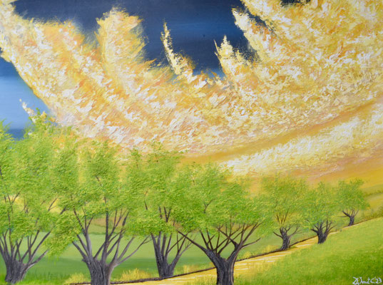 Characterful pollard willow formation with Indian yellow threatening clouds 80 cm x 60 cm in oils - IN SHOP