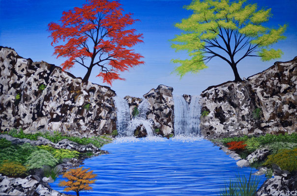 Cascade with rocks (knife) and colorfull trees forrest with rocks and waterfall ( Acrylics 60 cm x 40 cm ) In SHOP