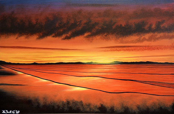 Colorfull sunset at sea (Brush in acrylics - 60 cm x 40 cm) -SOLD