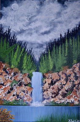 Forrest with rocks (knife) and waterfall (Acrylics 60 cm x 40 cm) - In SHOP