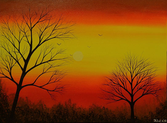 Warm sunset minimalistic with trees and shrubs - in acrlycs - 80 cm x 60 cm - in shop