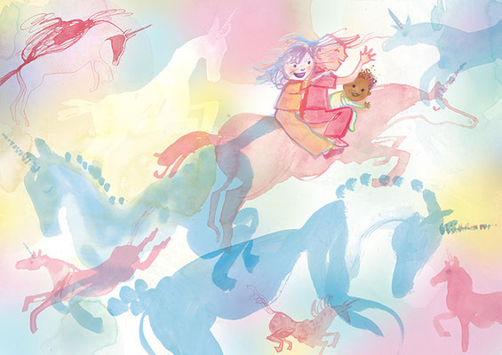 Jill Calder Illustration - Books - "Coorie Doon: A Scottish Lullaby Story" by  Jackie Kay and Jill Calder - Baby Serenity and the Unicorns - Walker Books