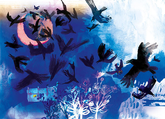 Jill Calder Illustration - Books - "Coorie Doon: A Scottish Lullaby Story" by  Jackie Kay and Jill Calder - Corbies Fizzing and Jagged in the Sky - Walker Books