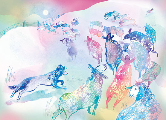 Jill Calder Illustration - Books - "Coorie Doon: A Scottish Lullaby Story" by  Jackie Kay and Jill Calder - Lassie herding the Sheep - Walker Books