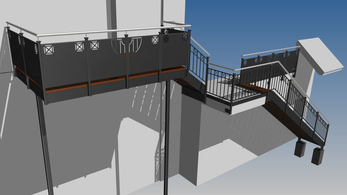 Balkon Wangen Treppe Geländer Kreuz Füllung Edelstahl Handlauf Werzalit WPC Stahl feuerverzinkt farbbeschichtet Visualisierung