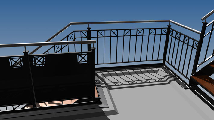 Balkon Wangen Treppe Geländer Kreuz Füllung Edelstahl Handlauf Werzalit WPC Stahl feuerverzinkt farbbeschichtet Visualisierung