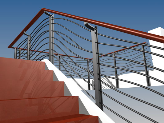 Treppengeländer Geländerfüllung Rundstab Wellen Holz Handlauf Oval farbbeschichtet Visualisierung