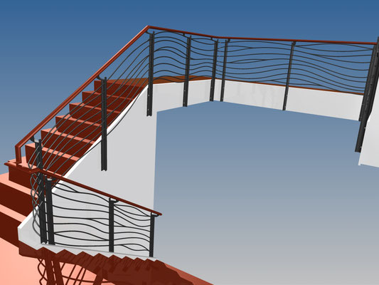 Treppengeländer Geländerfüllung Rundstab Wellen Holz Handlauf Oval farbbeschichtet Visualisierung