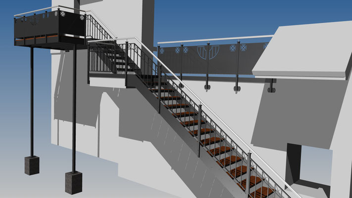 Balkon Wangen Treppe Geländer Kreuz Füllung Edelstahl Handlauf Werzalit WPC Stahl feuerverzinkt farbbeschichtet Visualisierung