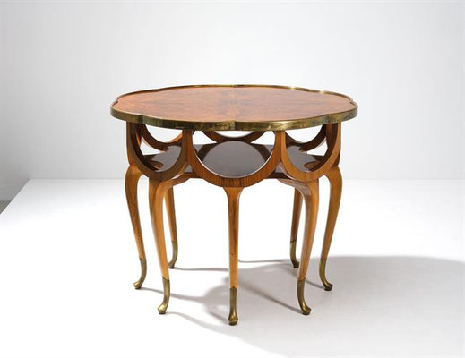 Elefantenrüsseltisch Entwurf Adolf Loos mit Max Schmidt und Werkmeister Berka um 1900 Ausführung: Friedrich Otto Schmidt, Wien  Nußbaumholz, Messingbänder und -schuhe  H 69 cm, D 86 cm