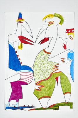 Anita Münz, Der Flirt, Buntsfit / Papier, 21 x 30 cm