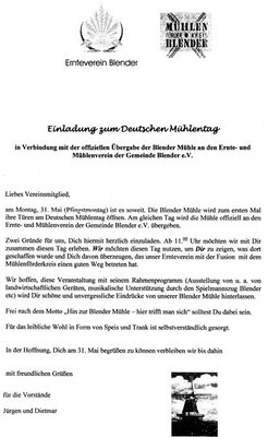 Deutscher Mühlentag und offizielle Übergabe der Blender Mühle