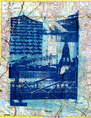 Stadtplandruck_Blaue Collage auf hellblau, 70 x 60cm