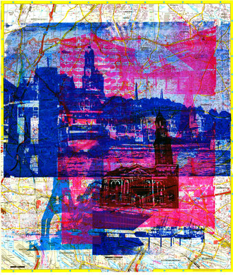 Stadtplandruck_Blaue Landungsbrücken auf pinker Collage, 70 x 60 cm