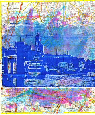 Stadtplandruck_Blaue Landungsbrücken auf blau-pink, 70 x 60 cm