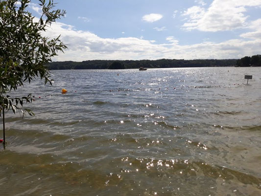 Blick über das glitzernde Wasser des Glindowsees unter einem leicht bewölkten Sommerhimmel