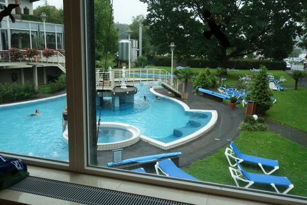 Blick durch ein Fenster auf das geschwungene Außenbecken der Therme im Grünen