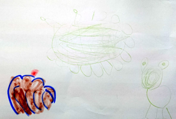Virusmonster, Gugelhupf und Frosch (Kindergartenkind, ca. 5 Jahre, Foto vom betr. Kindergarten zur Verfügung gestellt.)