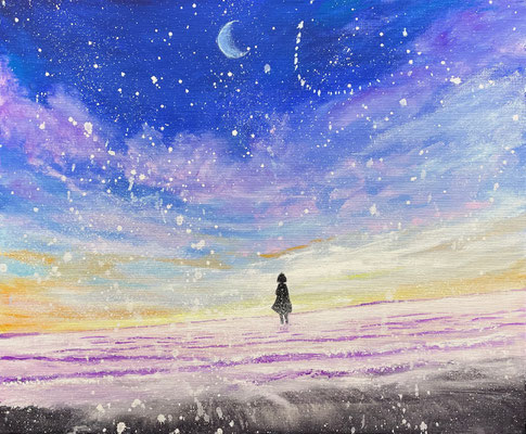 casie登録作品（2025年4月登録）　「夕暮れに染まる海で月に歌う」　アクリルガッシュ
