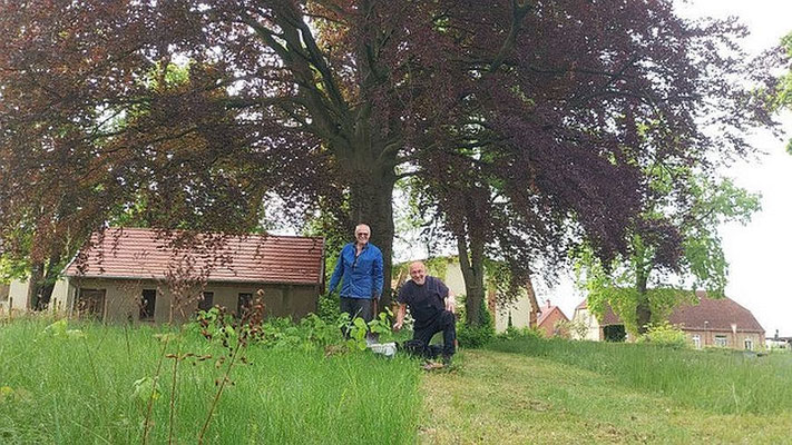 Zwei Männer mit Baumbabys vor 200- jährigen Blutbuchen
