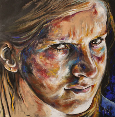 "Raphaëlle en colère" - Pastels secs et acryliques sur panneau mdf 120 x 120 cm - Mars 2019