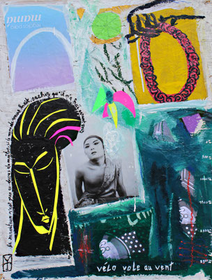 Vélo vole au vent / acrylic and collage on wood - 24.5x34.5inc/ 2015