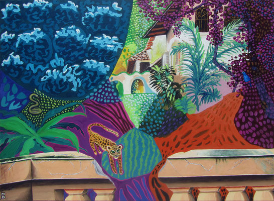 LA TERRAZA SUSPENDIDA - Acrylic and oil pastel on canvas paper- 47.5x35.5inch- 2012
