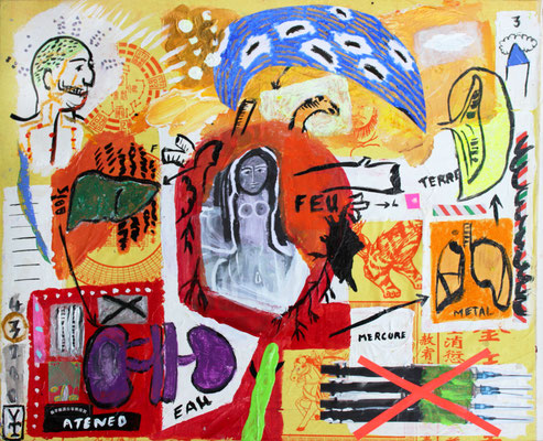 Terre feu bois eau métal / Acrylic and collage on board - 20x 16inch- 2015