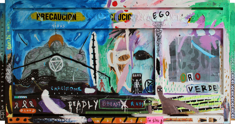 DEADLY BREAST X RAYS/ Acrylic and collage on wood -36.5x71.5 inch/ 2016