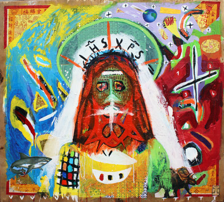 IESOUS KRISTUS/ Acrylic and collage on wood -32x29.5 inch/// 2016