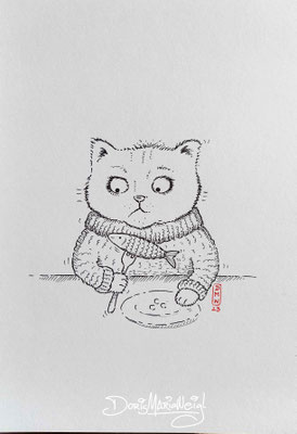 Illustrationen Doris Maria Weigl / Katze  mit Fisch - Faserstift