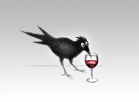 Illustrationen Doris Maria Weigl / Krähe mit Weinglas