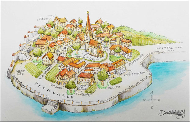 Aquarell Landkarte Promenade Illustration Doris Maria Weigl / Architektur