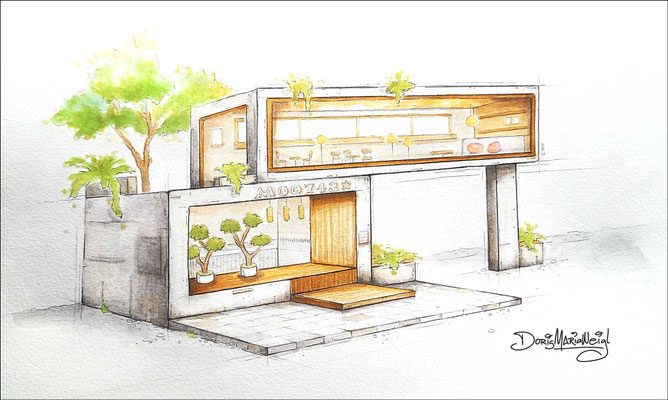 Haus Moo743, Aquarell mit Graphit - Illustrationen Doris Maria Weigl / Architektur