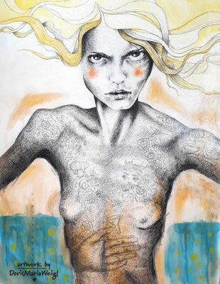 *L* - Acryl und Tinte auf Leinen - 70 x 90 x cm - Illustratorin Doris Maria Weigl - Euro -  DMW