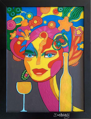 *Frau mit Wein* - Acryl auf Acryl mit Rahmen, 40 x 35 cm - Illustratorin Doris Maria Weigl - Preis: 150,- Euro- DMW